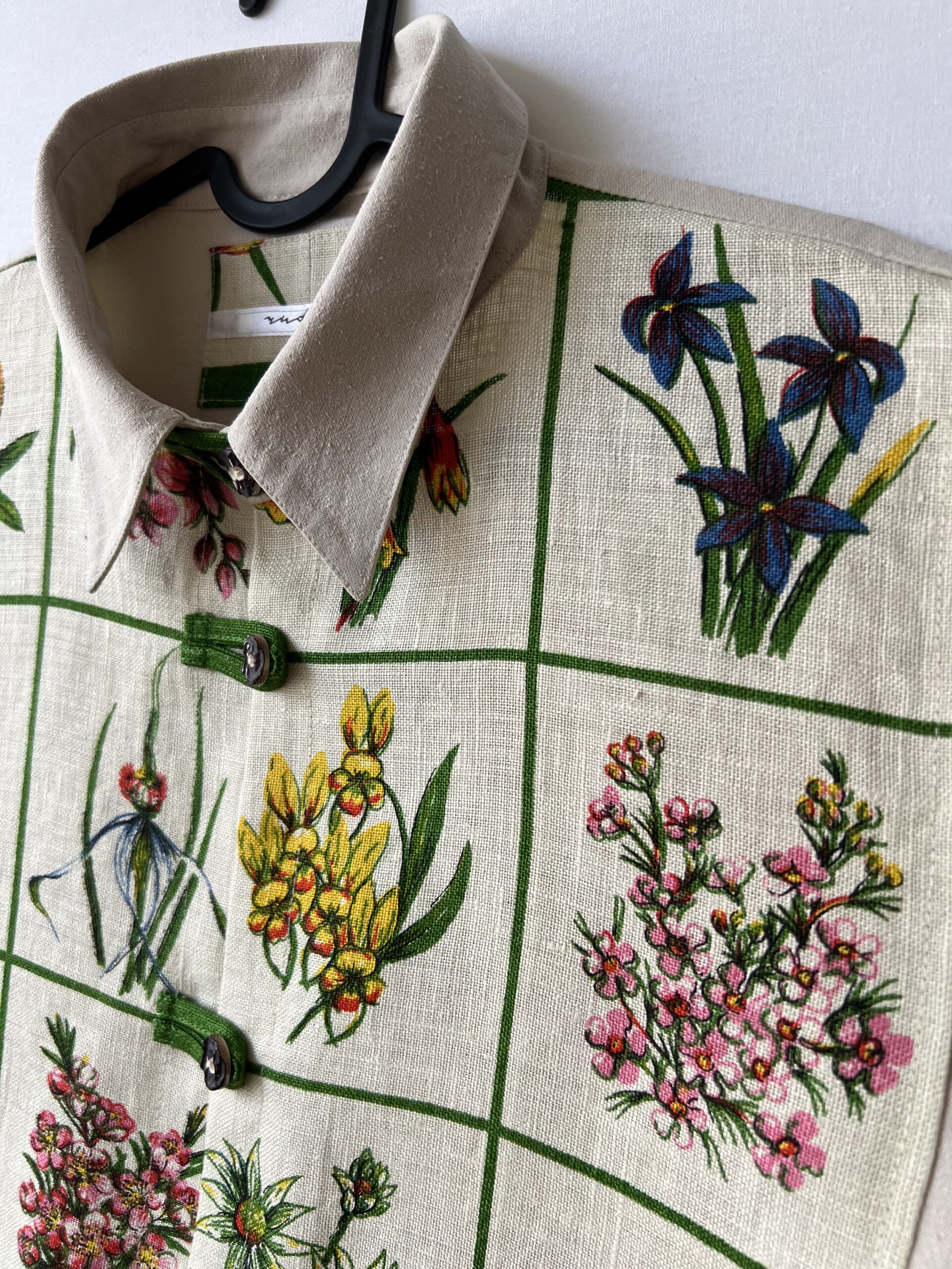 Australian Wildflower Grid Print Cotton Linen Short Sleeve Shirt