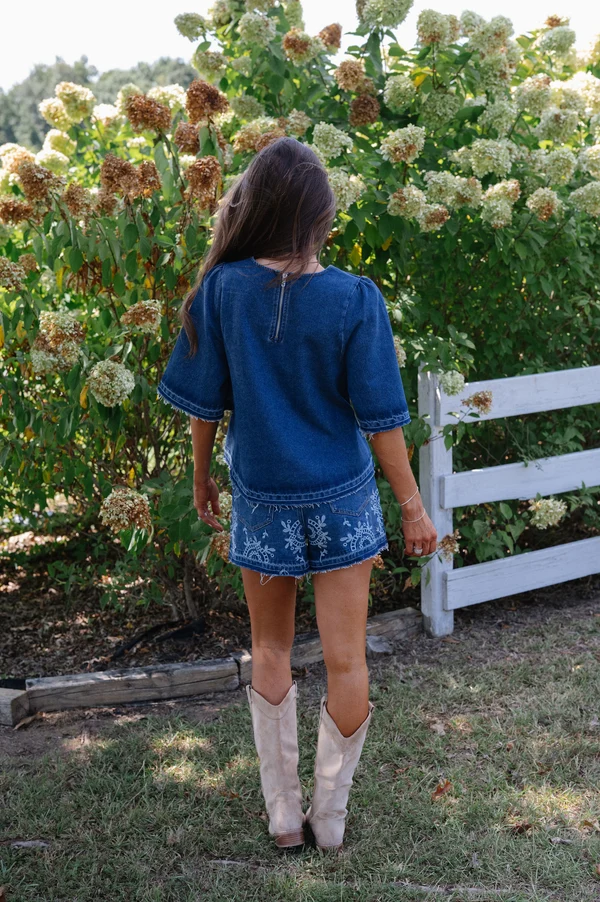 Dani Embroidered Denim Short Set