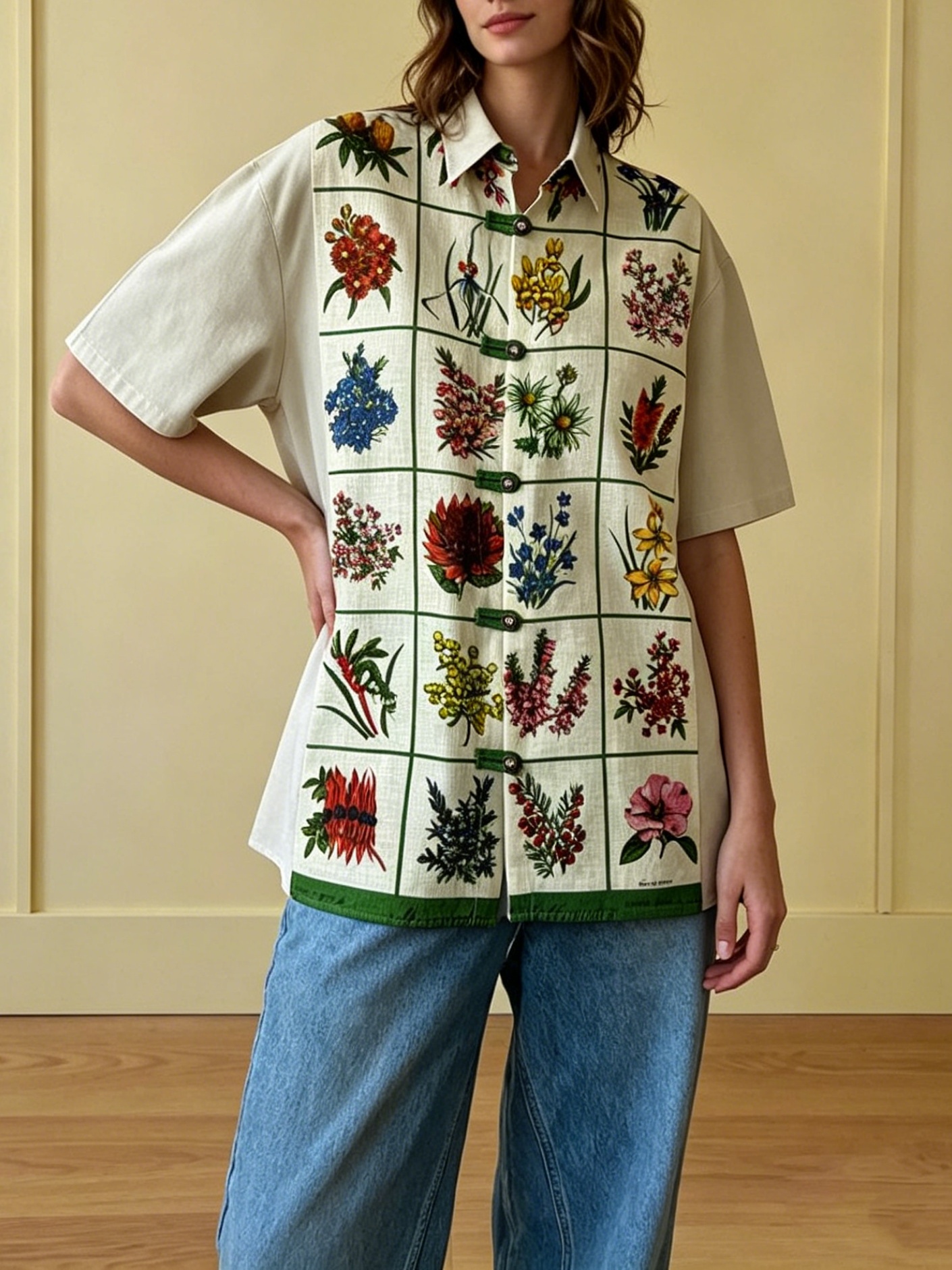 Australian Wildflower Grid Print Cotton Linen Short Sleeve Shirt