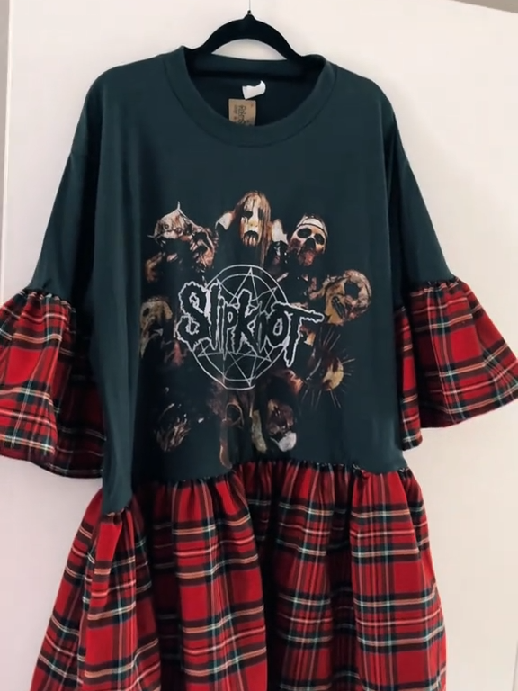 Slipknot Graphic Red Tartan Flounce Sleeve Dress