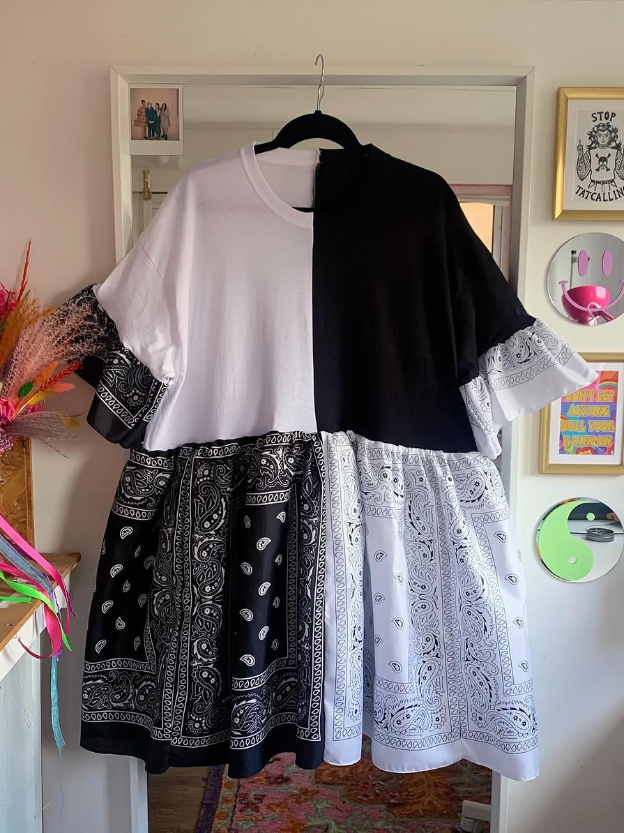 Upcycled Black White Split Paisley Babydoll Dress