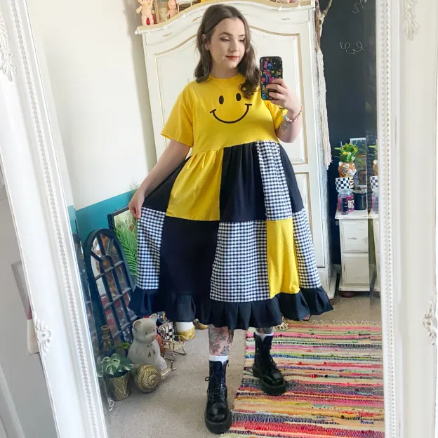 Happy Face Patchwork Smock Dress