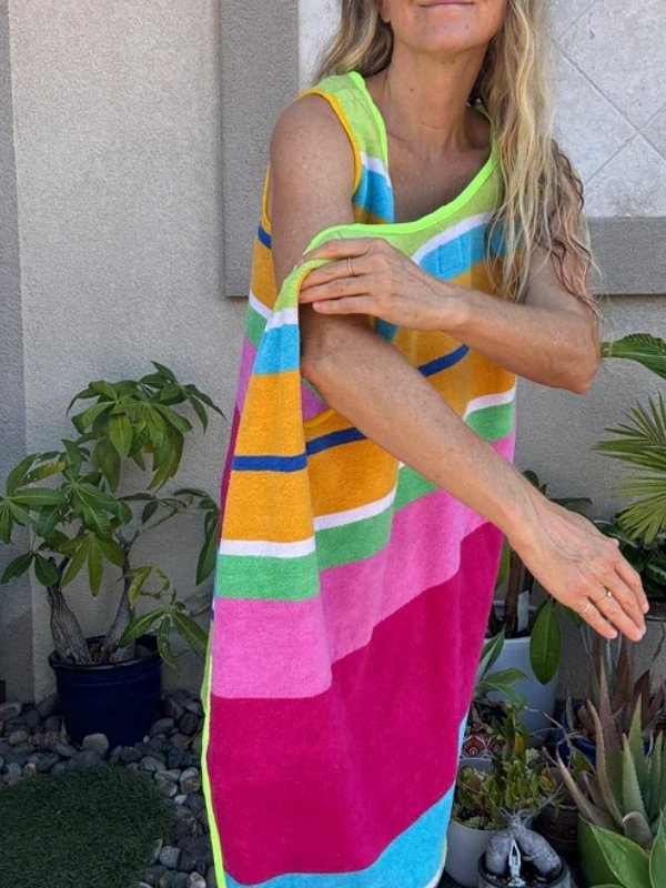 3 Arm Hole Wrap Dress ~ raspberry and green stripe