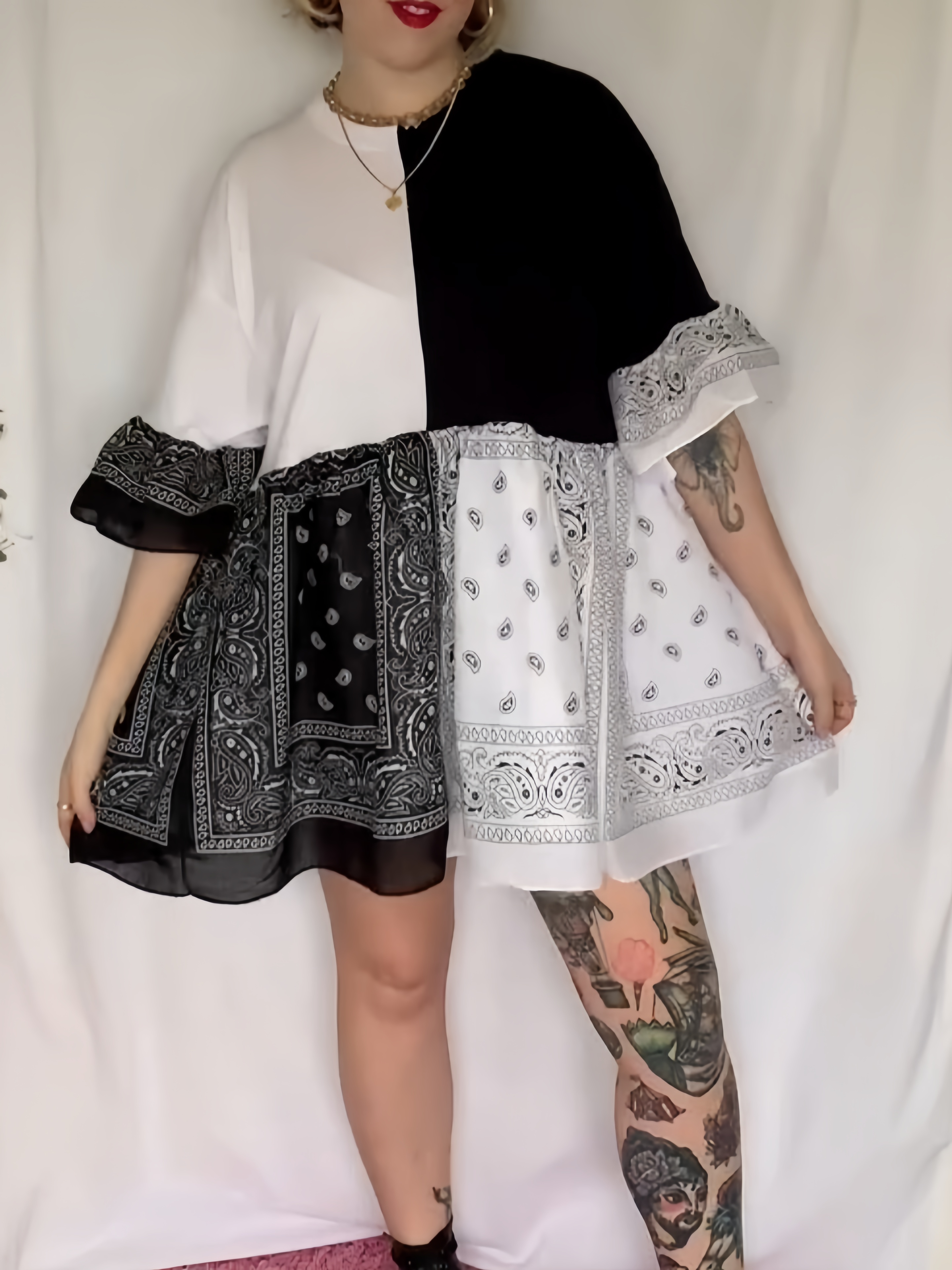 Upcycled Black White Split Paisley Babydoll Dress