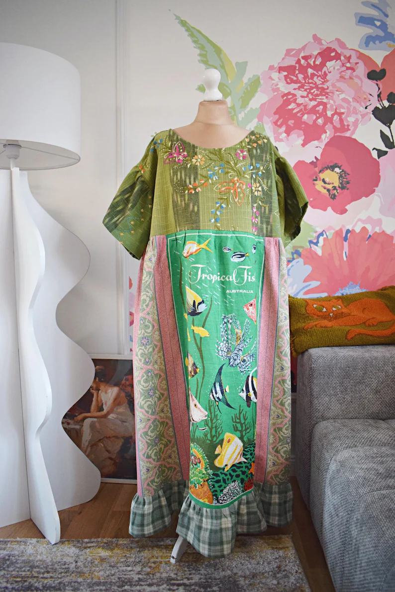 Tropical Fish Embroidered Patchwork Midi Dress