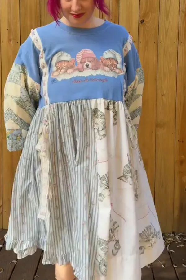 Dog And Cat Print Patchwork Dress