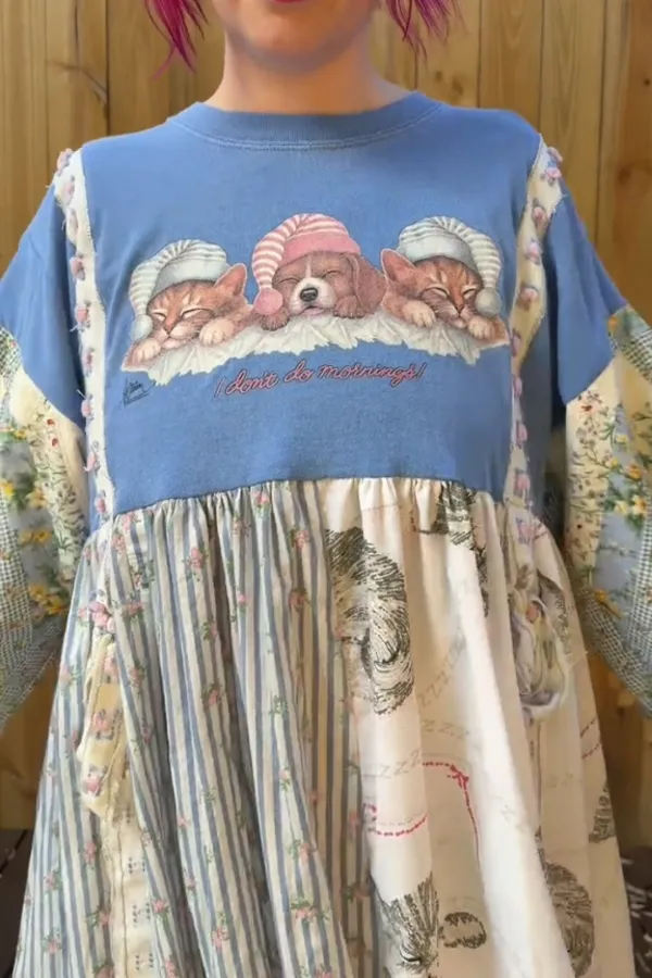 Dog And Cat Print Patchwork Dress