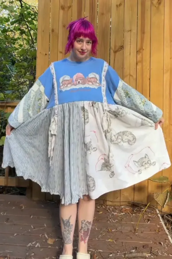 Dog And Cat Print Patchwork Dress