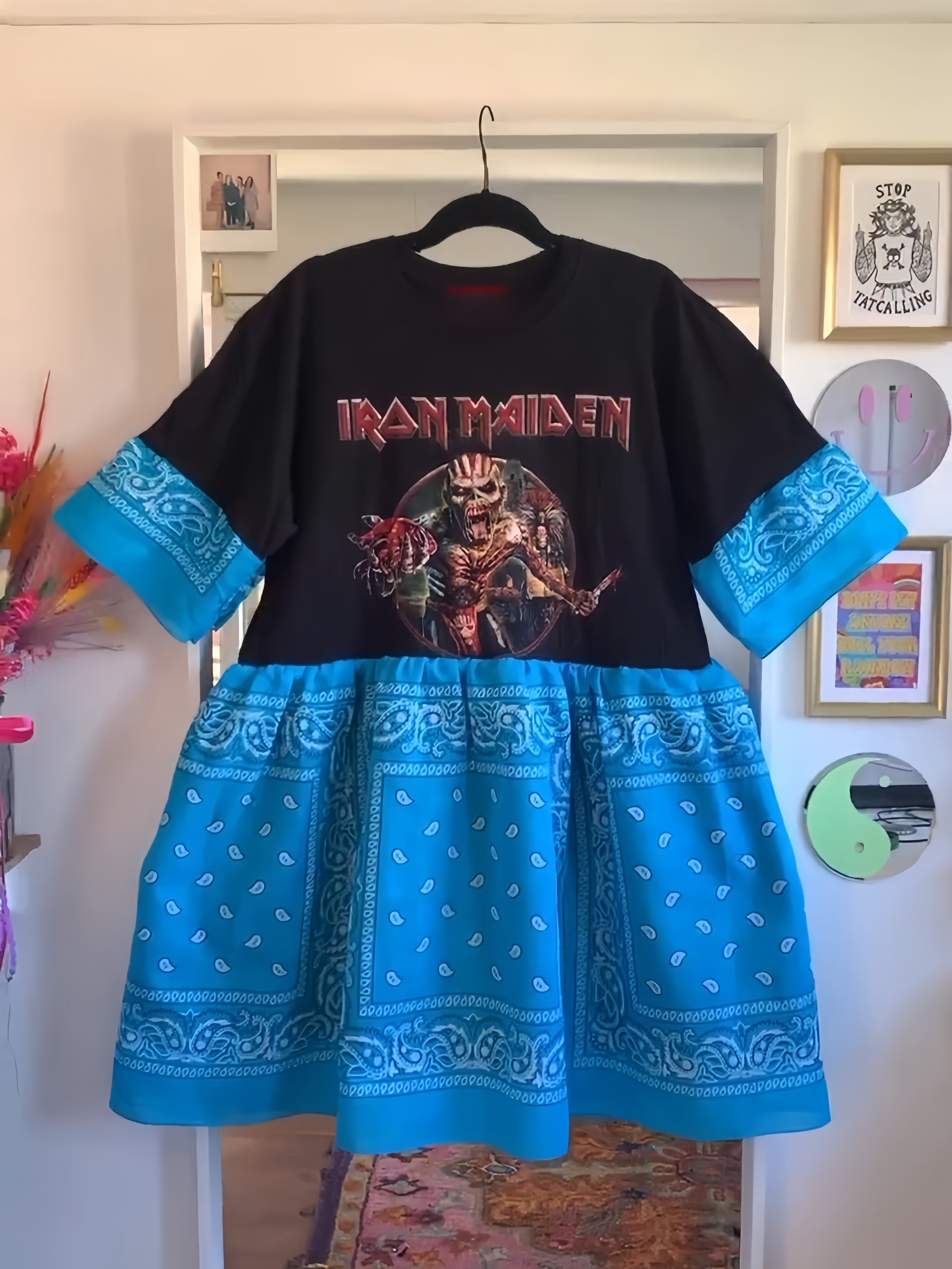 Upcycled Iron Maiden Turquoise Bandana Dress