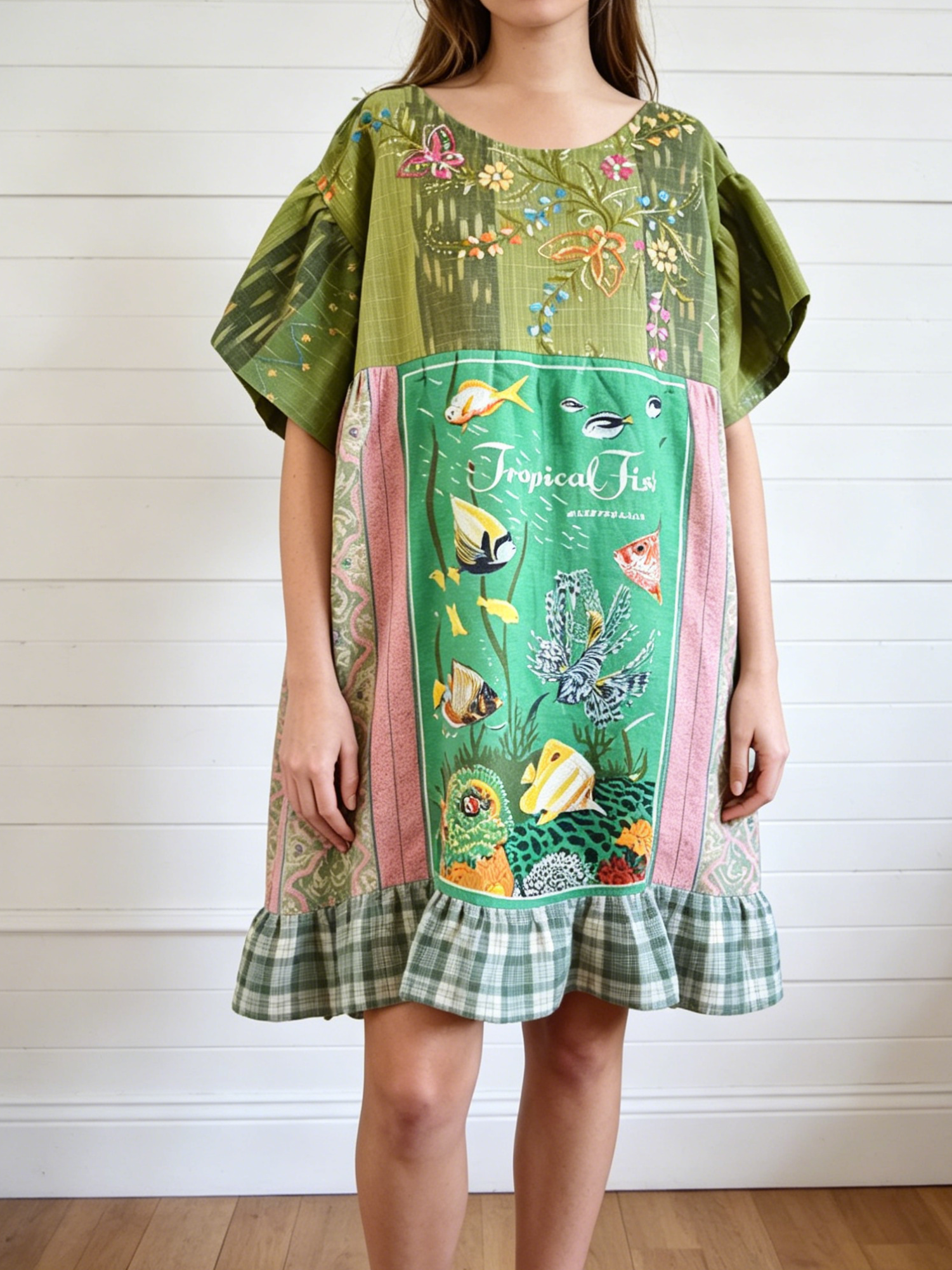 Tropical Fish Embroidered Patchwork Midi Dress