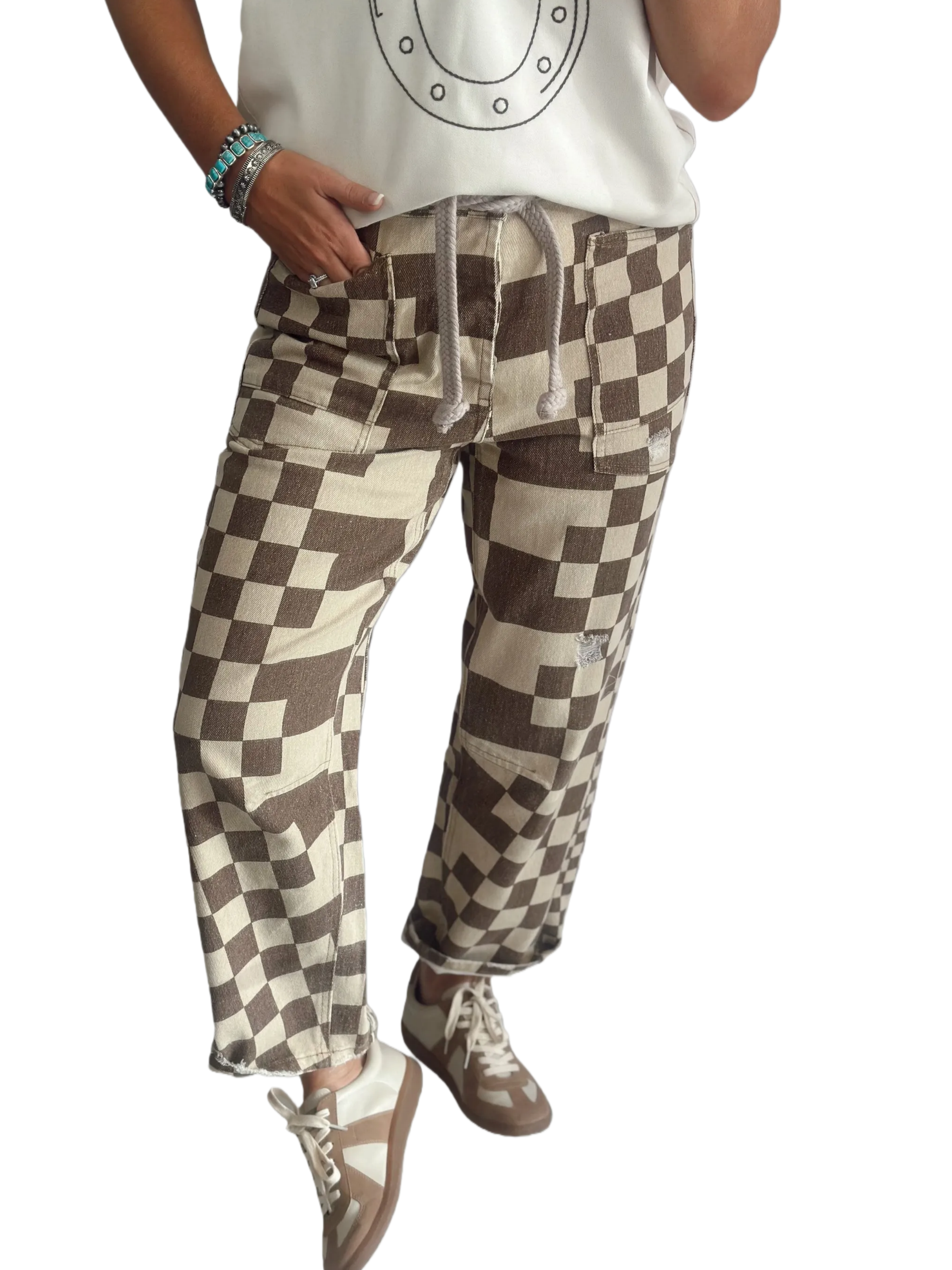 Washed Checkerboard Print Jeans