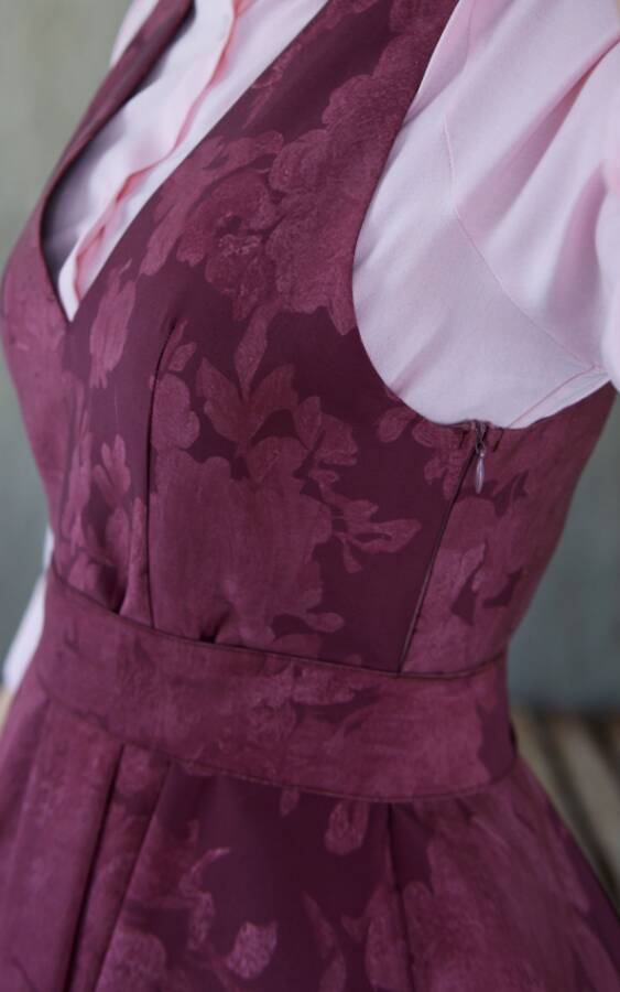 Vintage Jacquard V-Neck Pinafore Dress-Wine Red