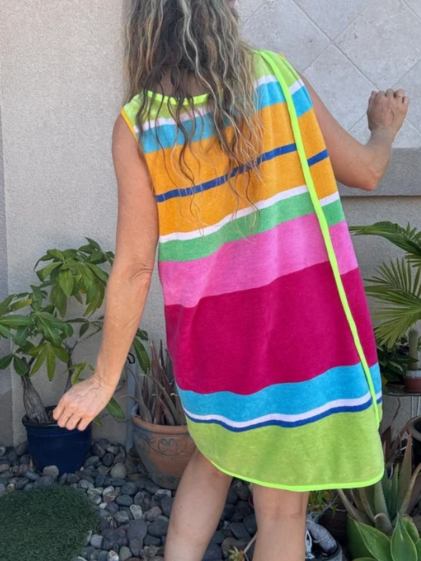 3 Arm Hole Wrap Dress ~ raspberry and green stripe