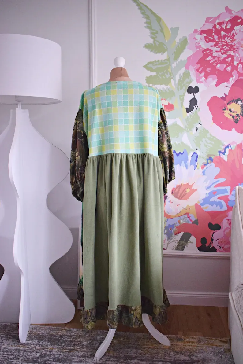 Golden Retriever Plaid Patchwork Midi Dress