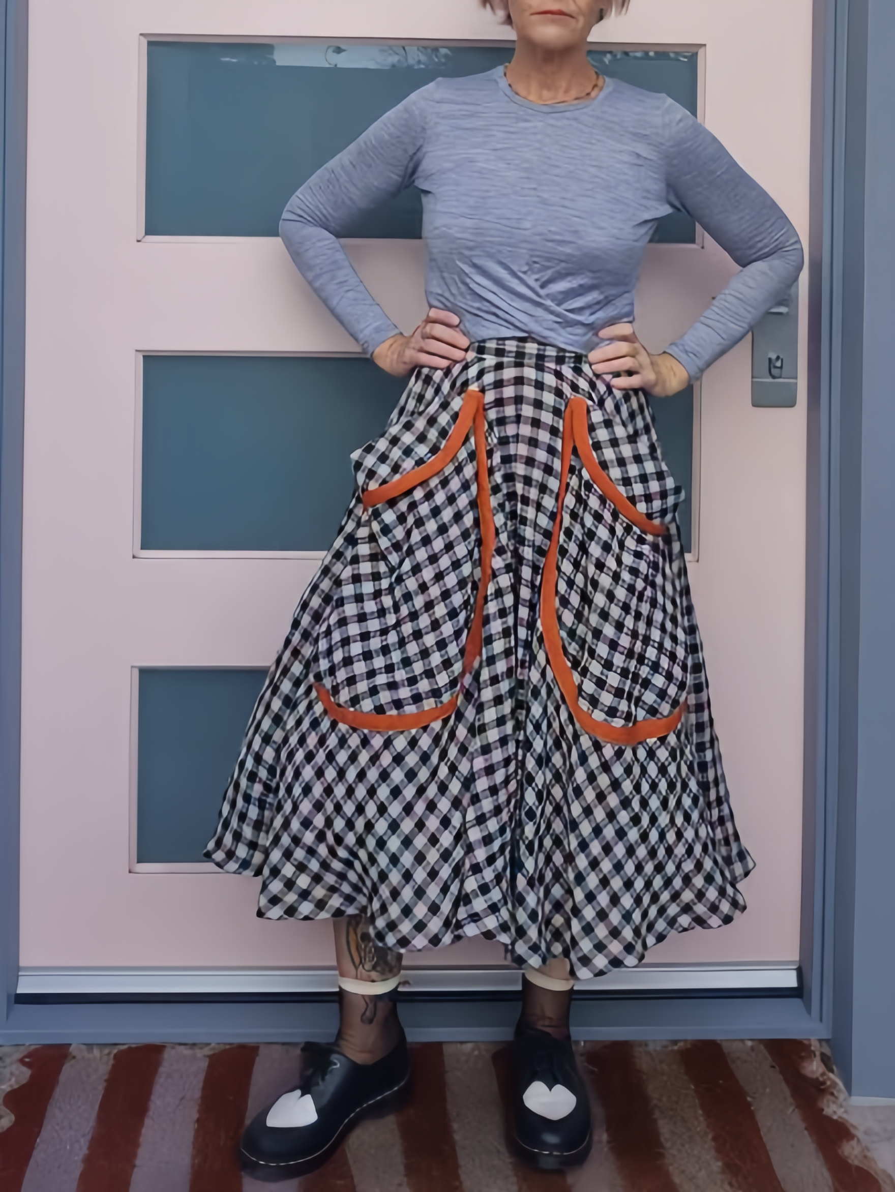 Vintage Gingham Midi Skirt with Oversized Pockets