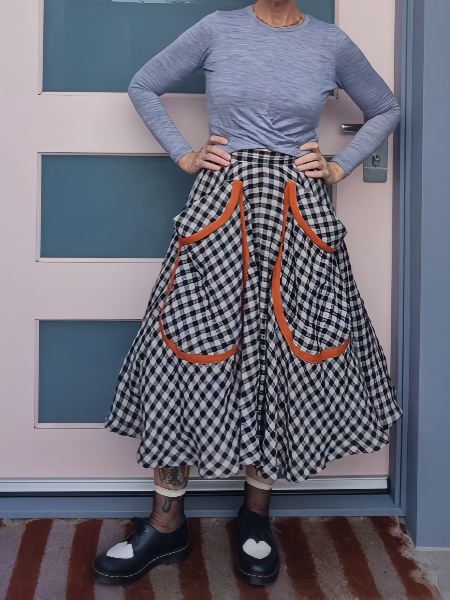 Vintage Gingham Midi Skirt with Oversized Pockets