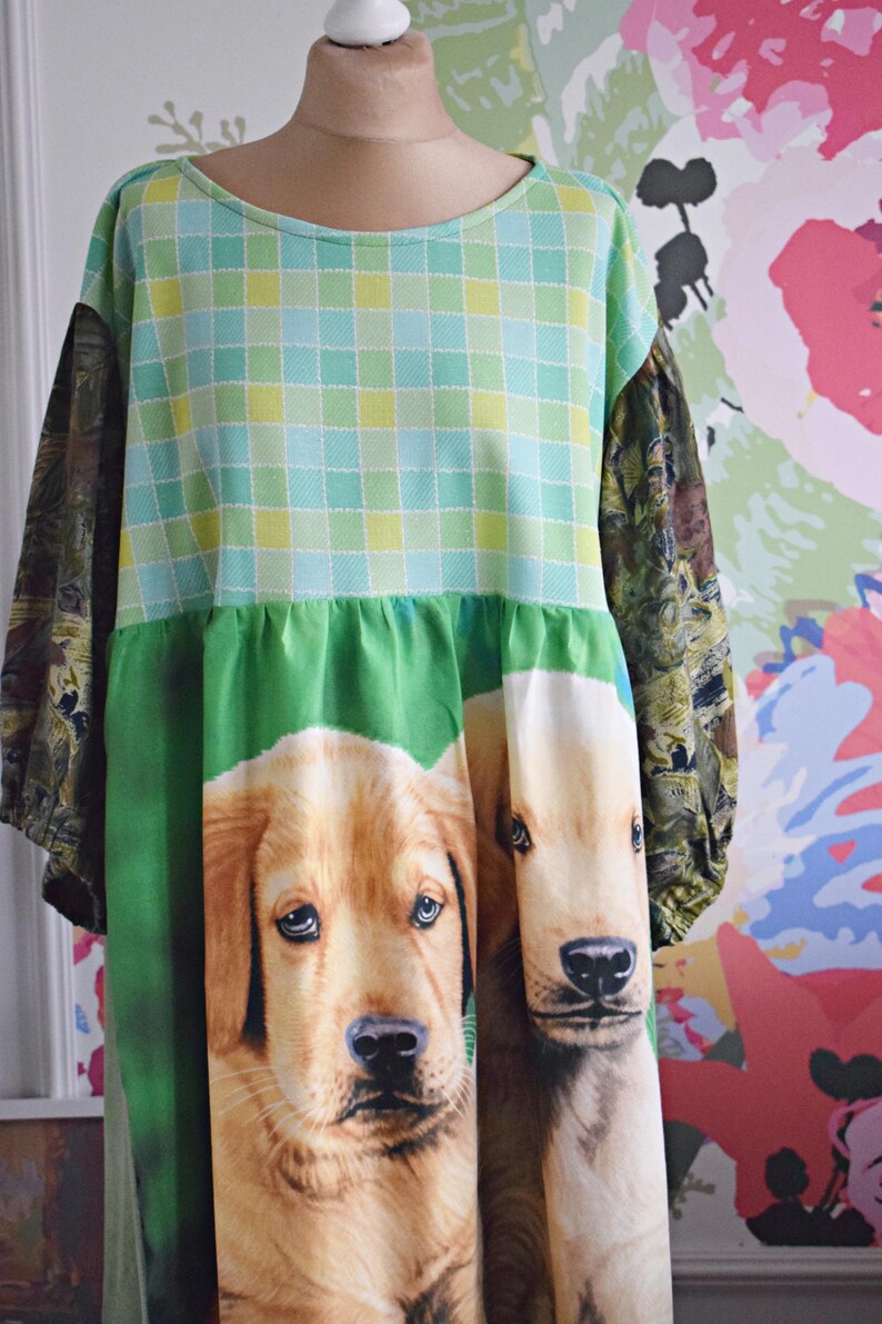 Golden Retriever Plaid Patchwork Midi Dress