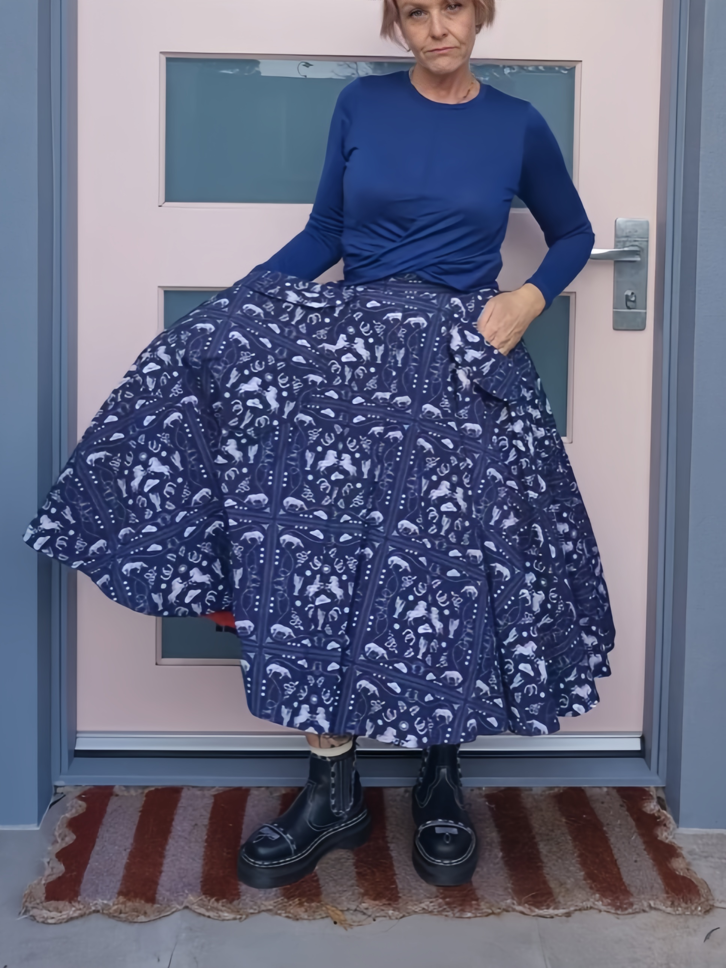 Navy Celestial Print Midi Skirt with Oversized Utility Pockets