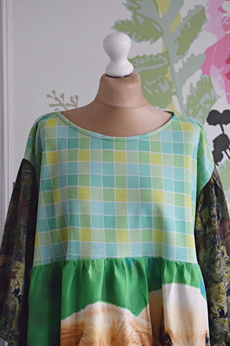 Golden Retriever Plaid Patchwork Midi Dress