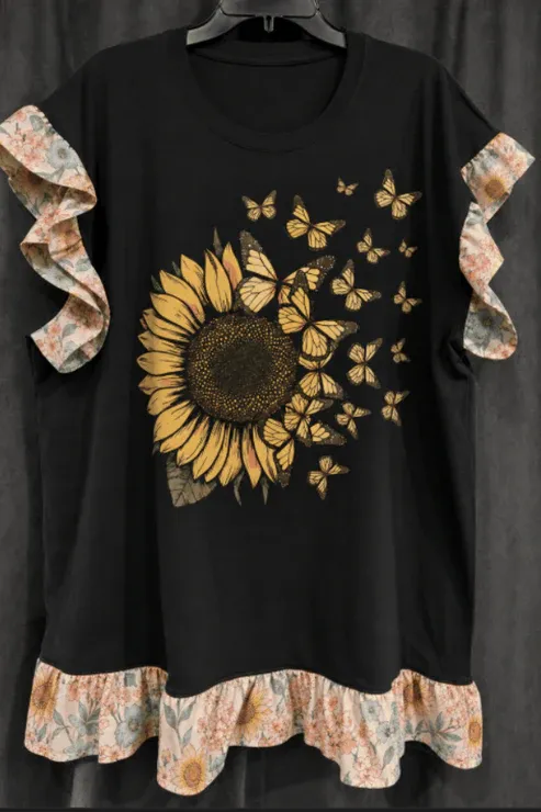 Art Print Tee Dress -Sunflower Butterflies