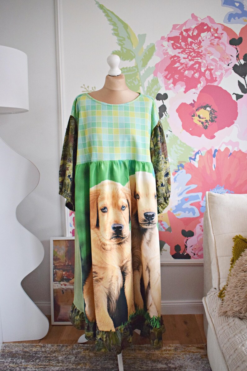 Golden Retriever Plaid Patchwork Midi Dress