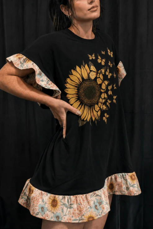Art Print Tee Dress -Sunflower Butterflies