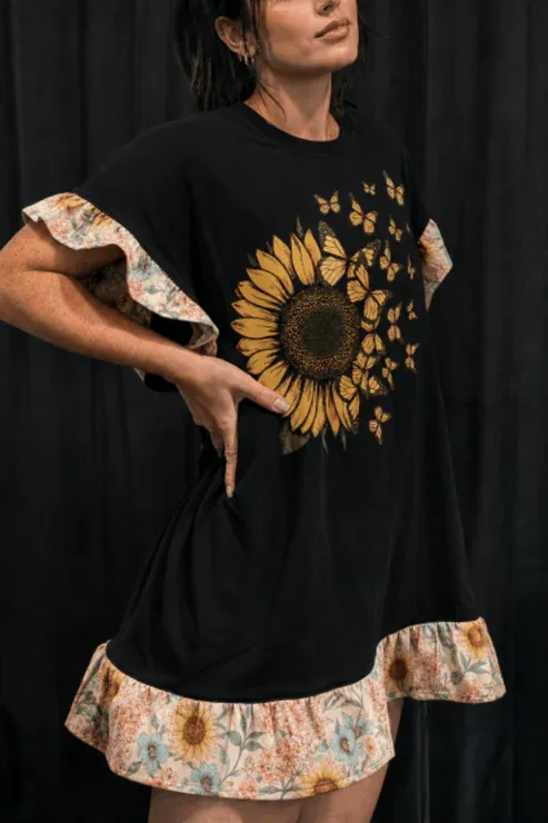 Art Print Tee Dress -Sunflower Butterflies