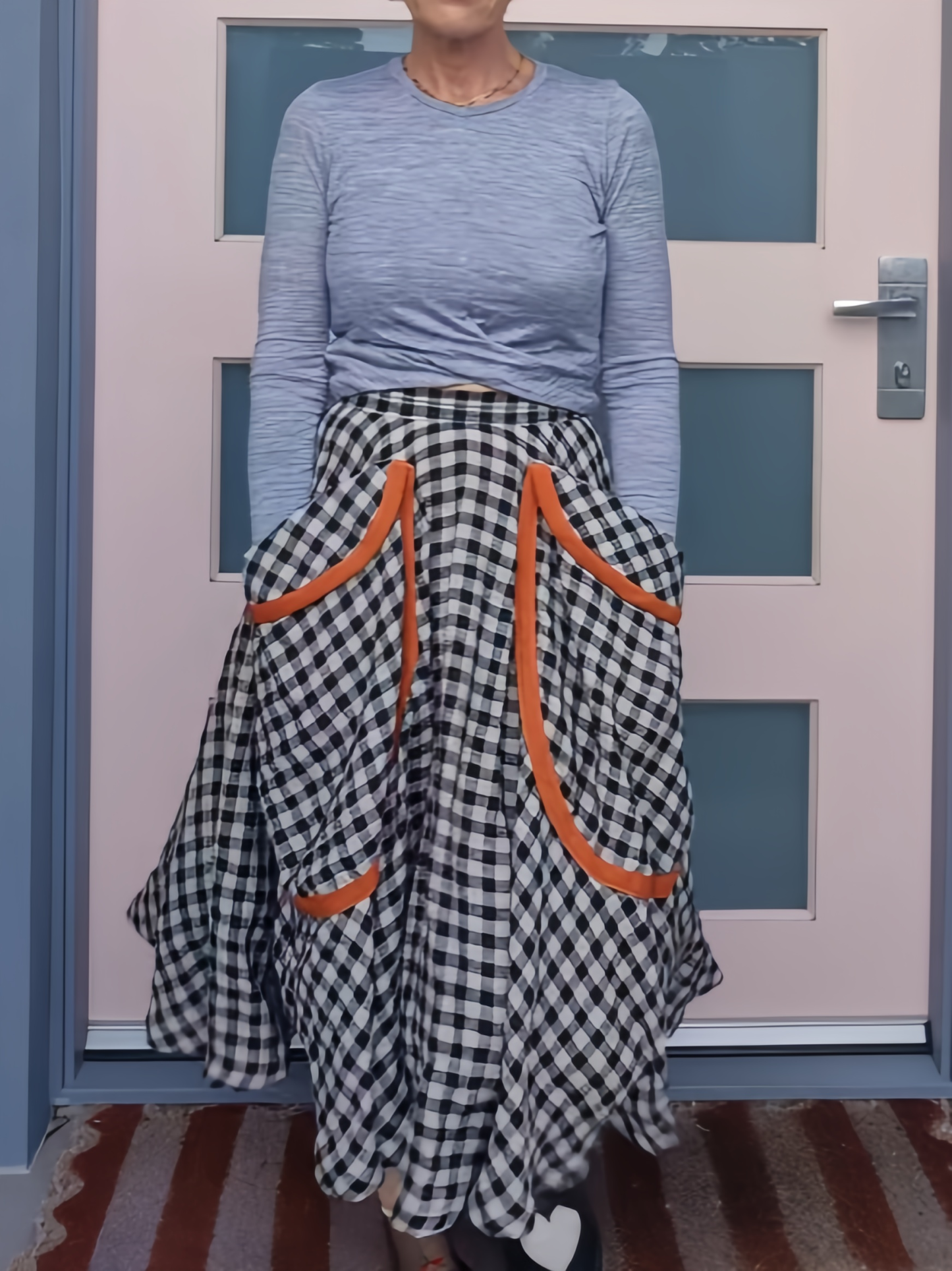 Vintage Gingham Midi Skirt with Oversized Pockets