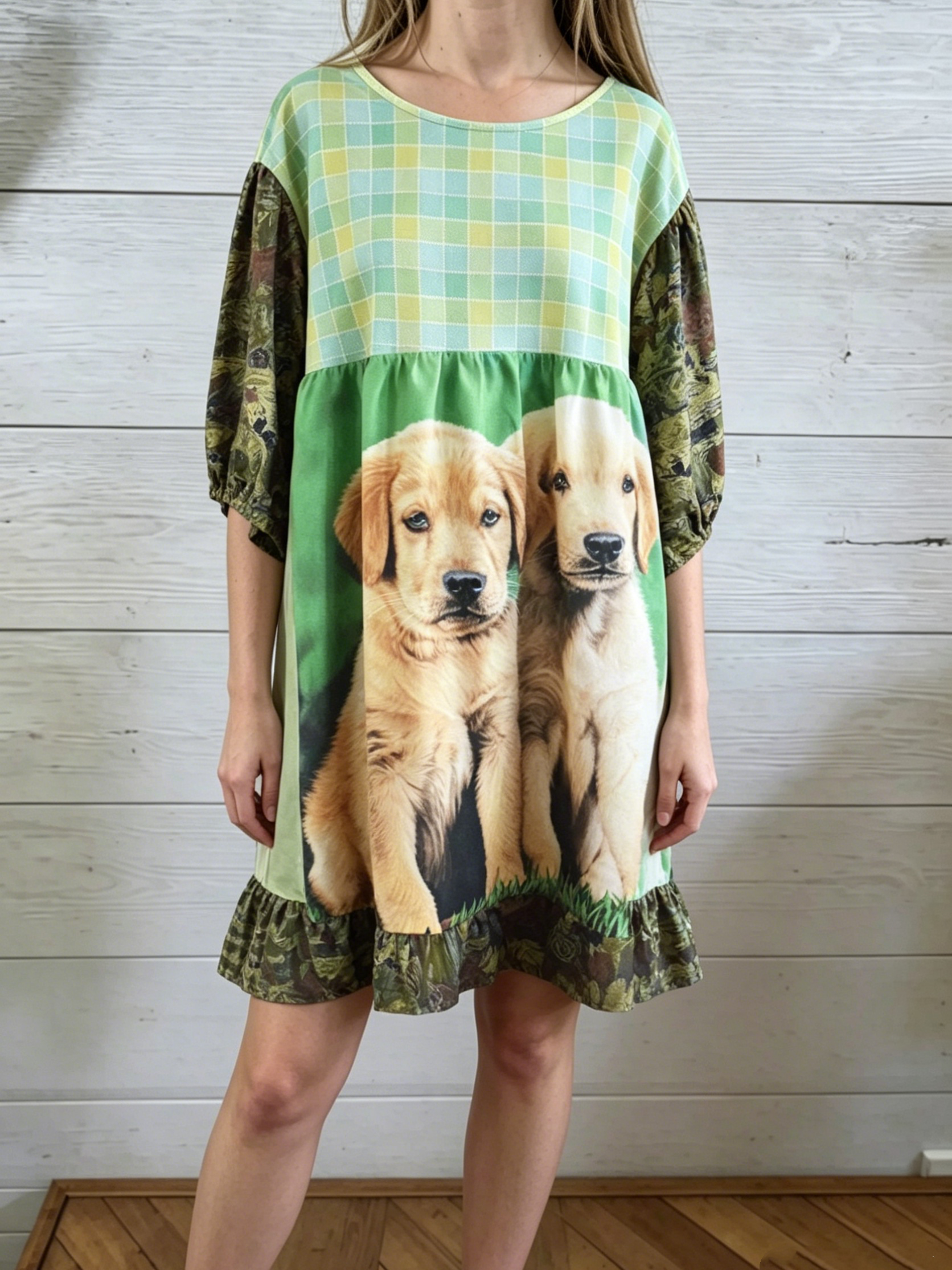 Golden Retriever Plaid Patchwork Midi Dress