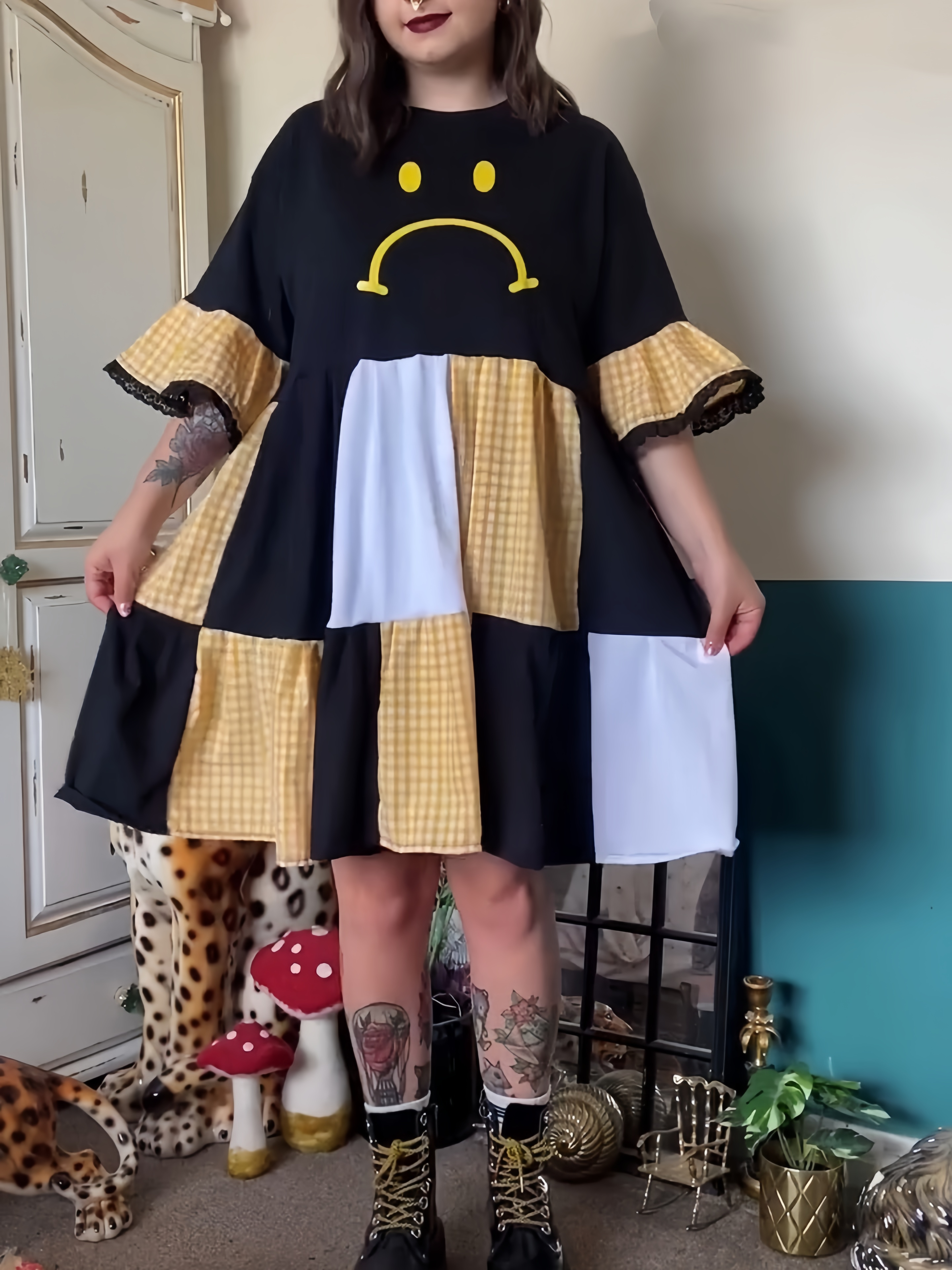 Happy Face Patchwork Smock Dress