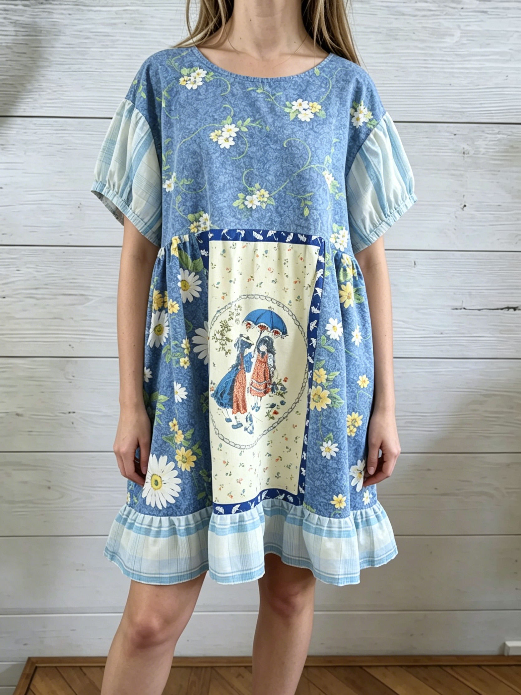 Vintage Daisy Victorian Girl Patchwork Midi Dress