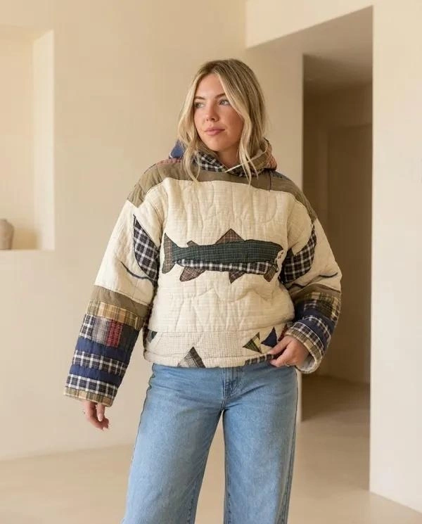 Patchwork Fish Applique Quilted Hooded Jacket