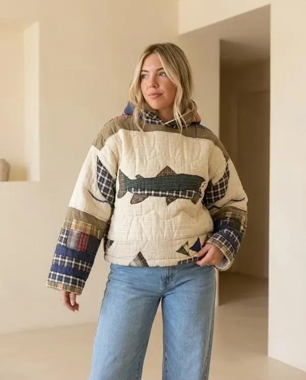 Patchwork Fish Applique Quilted Hooded Jacket