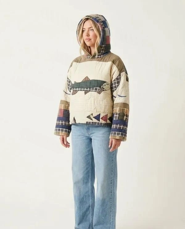 Patchwork Fish Applique Quilted Hooded Jacket