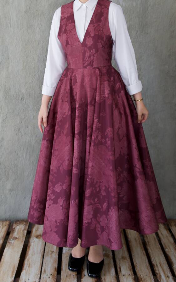 Vintage Jacquard V-Neck Pinafore Dress-Wine Red
