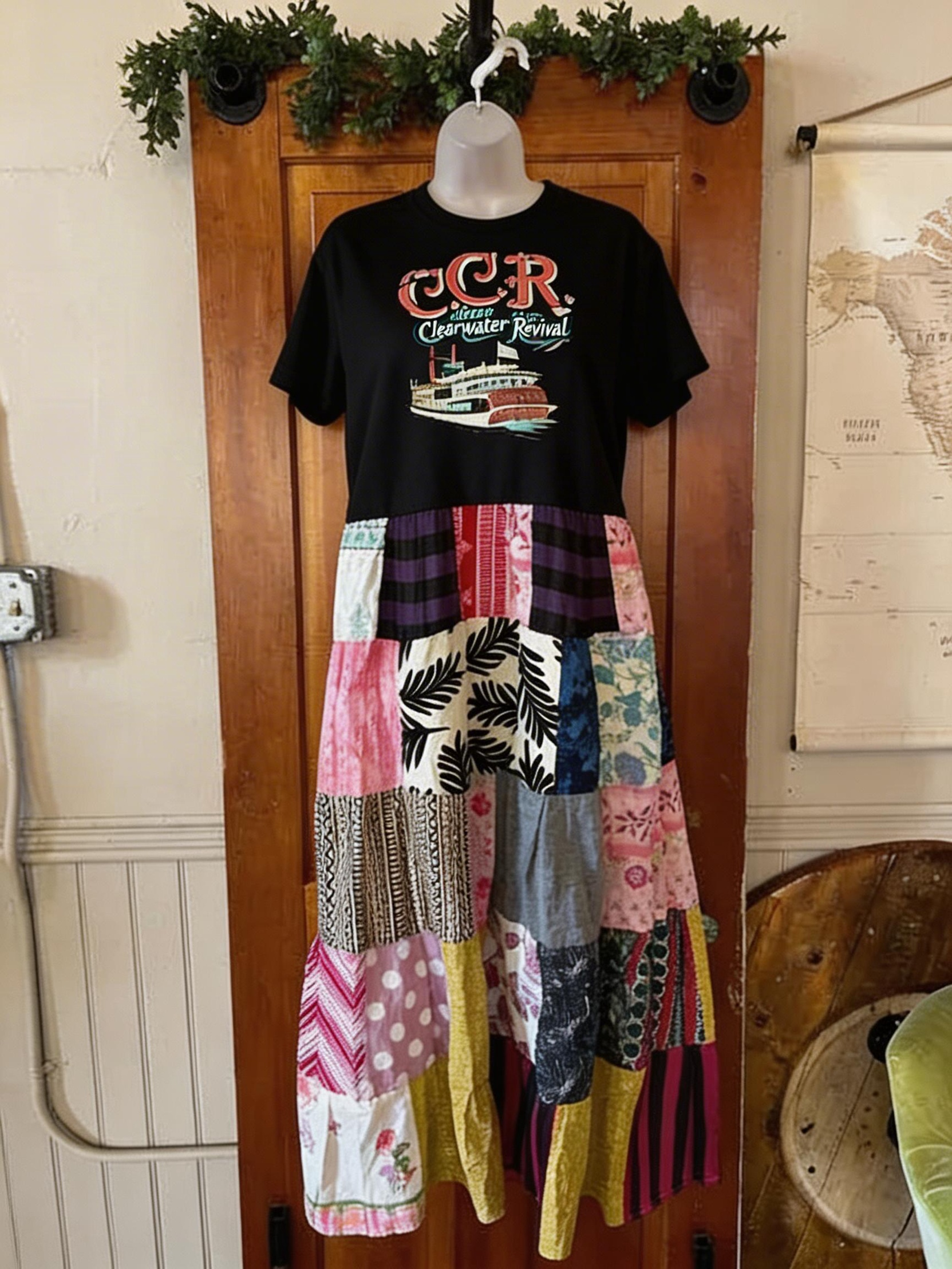 Black CCR Creedence Clearwater Revival Patchwork Maxi Dress