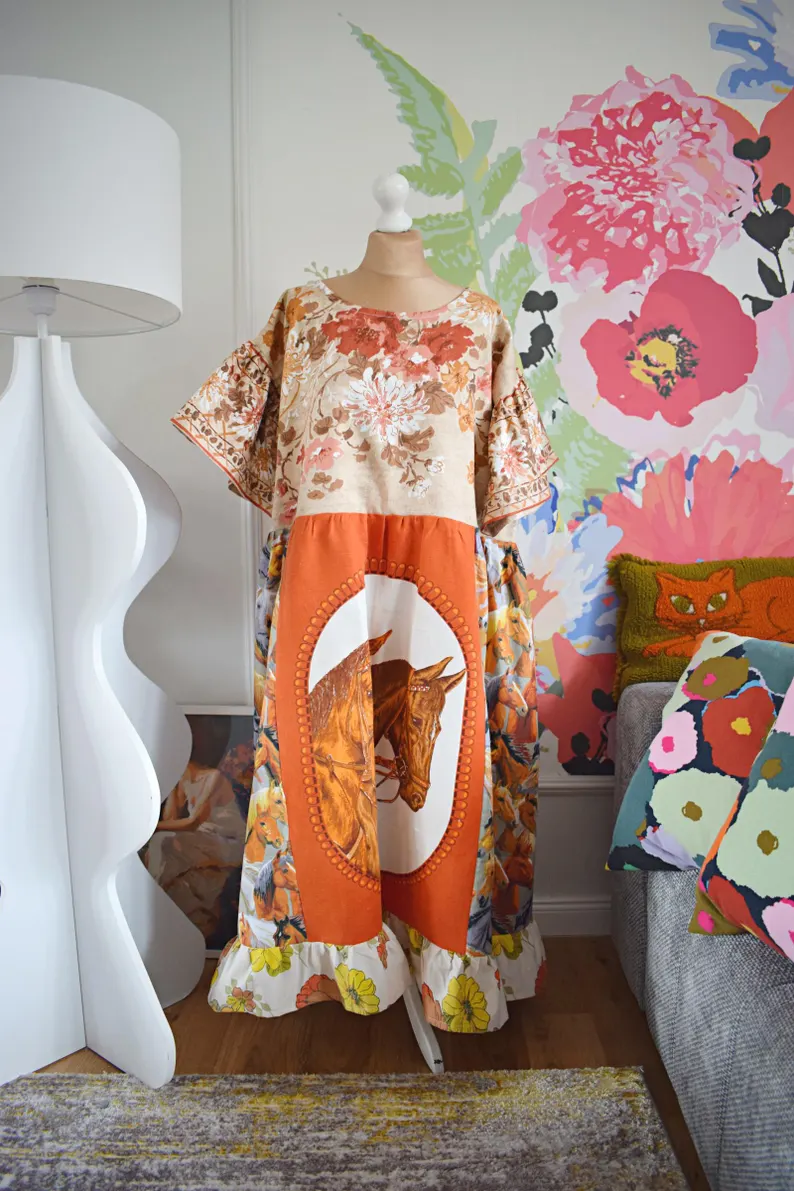Western Horse Floral Patchwork Midi Dress