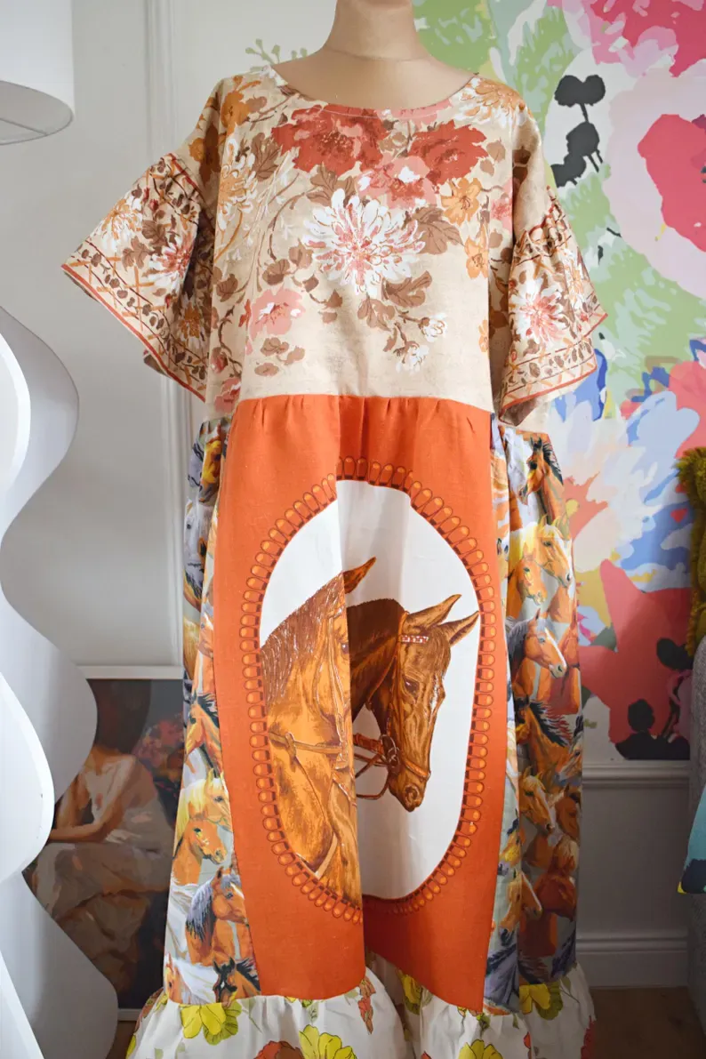 Western Horse Floral Patchwork Midi Dress