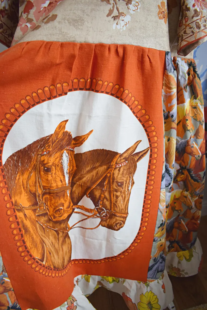 Western Horse Floral Patchwork Midi Dress