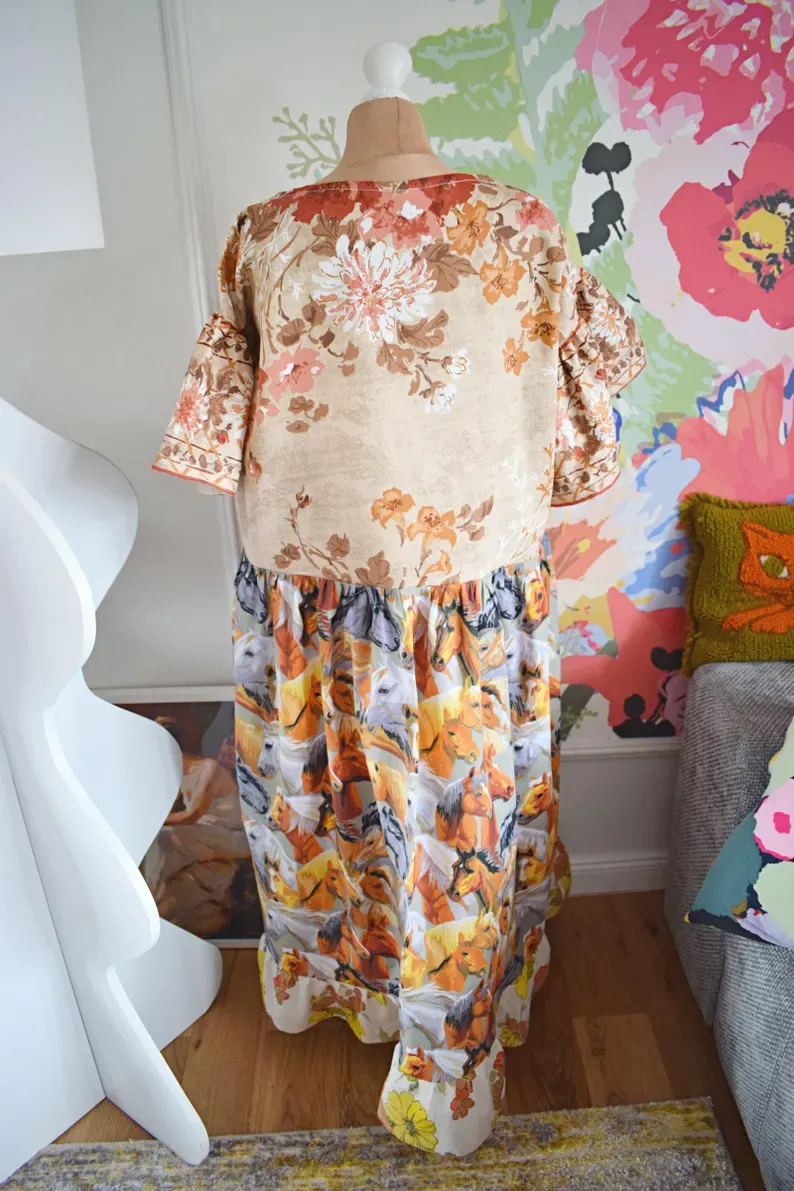 Western Horse Floral Patchwork Midi Dress