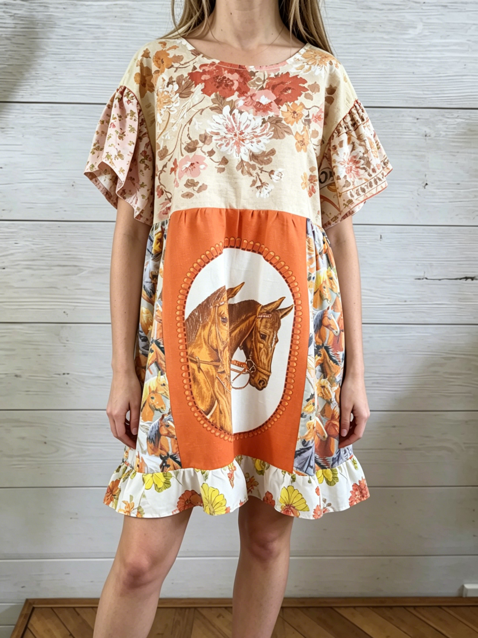 Western Horse Floral Patchwork Midi Dress