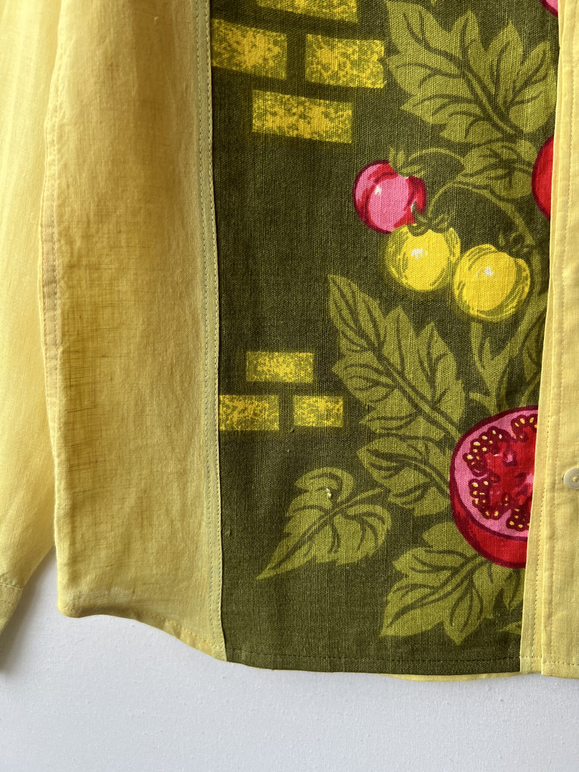 Pomegranate Print Cotton Linen Patchwork Long Sleeve Shirt