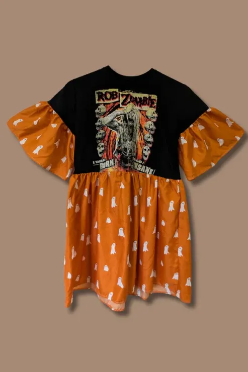 Rob Zombie - Orange & White Ghost Print Smock Dress