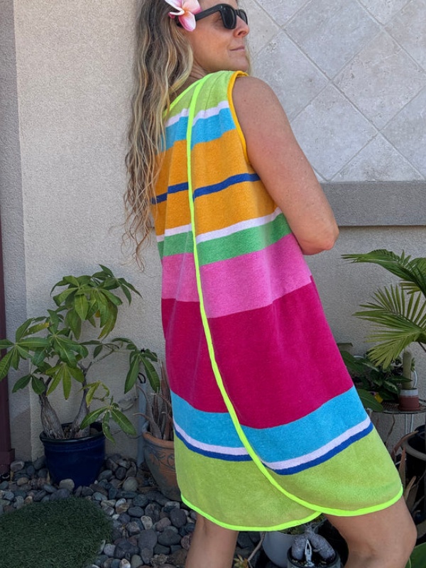 3 Arm Hole Wrap Dress ~ raspberry and green stripe