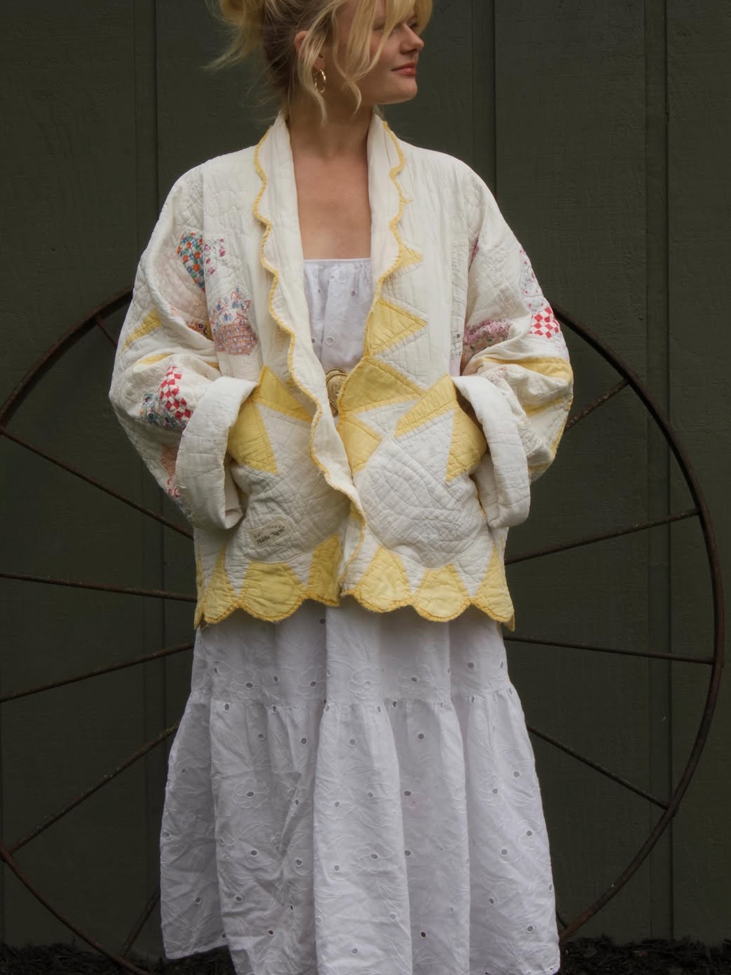 Yellow Scallop Trim Patchwork Quilted Jacket