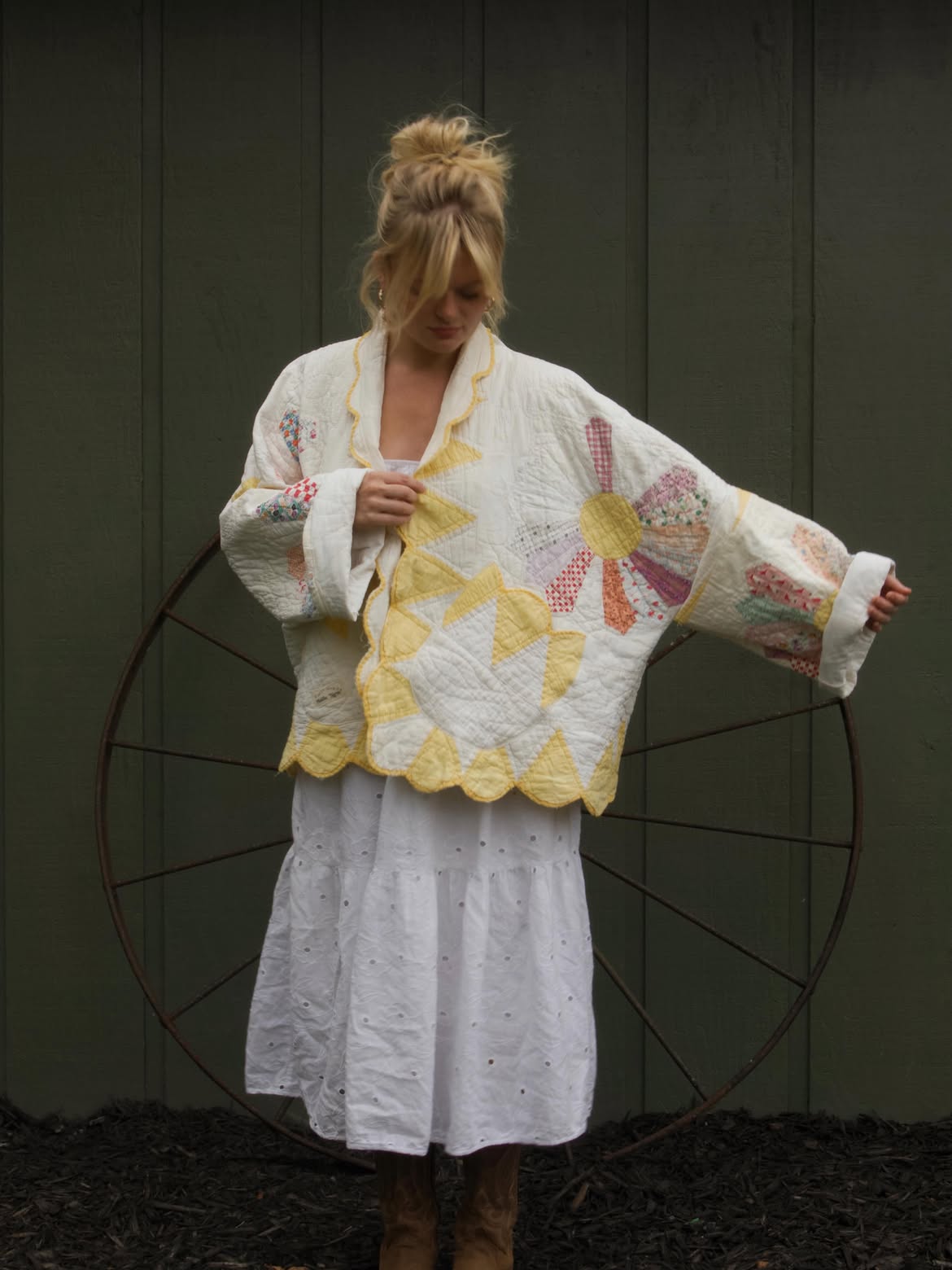 Yellow Scallop Trim Patchwork Quilted Jacket