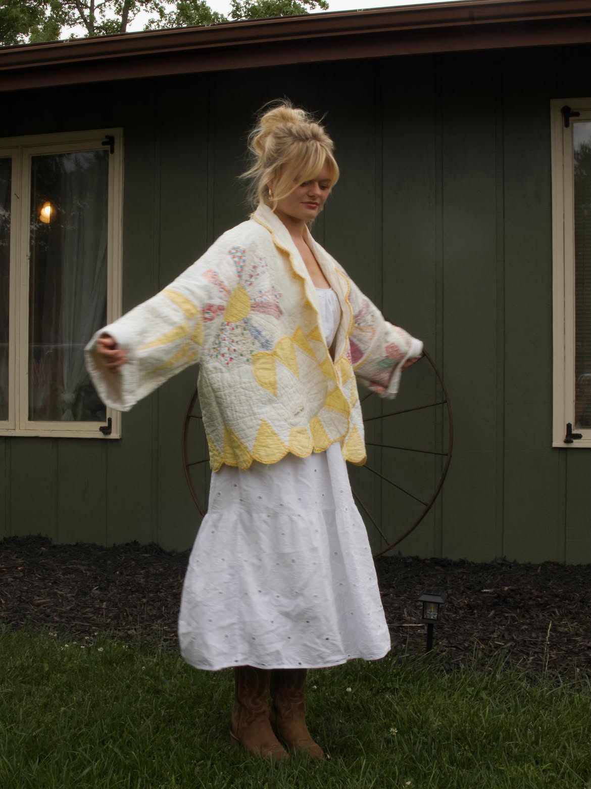 Yellow Scallop Trim Patchwork Quilted Jacket