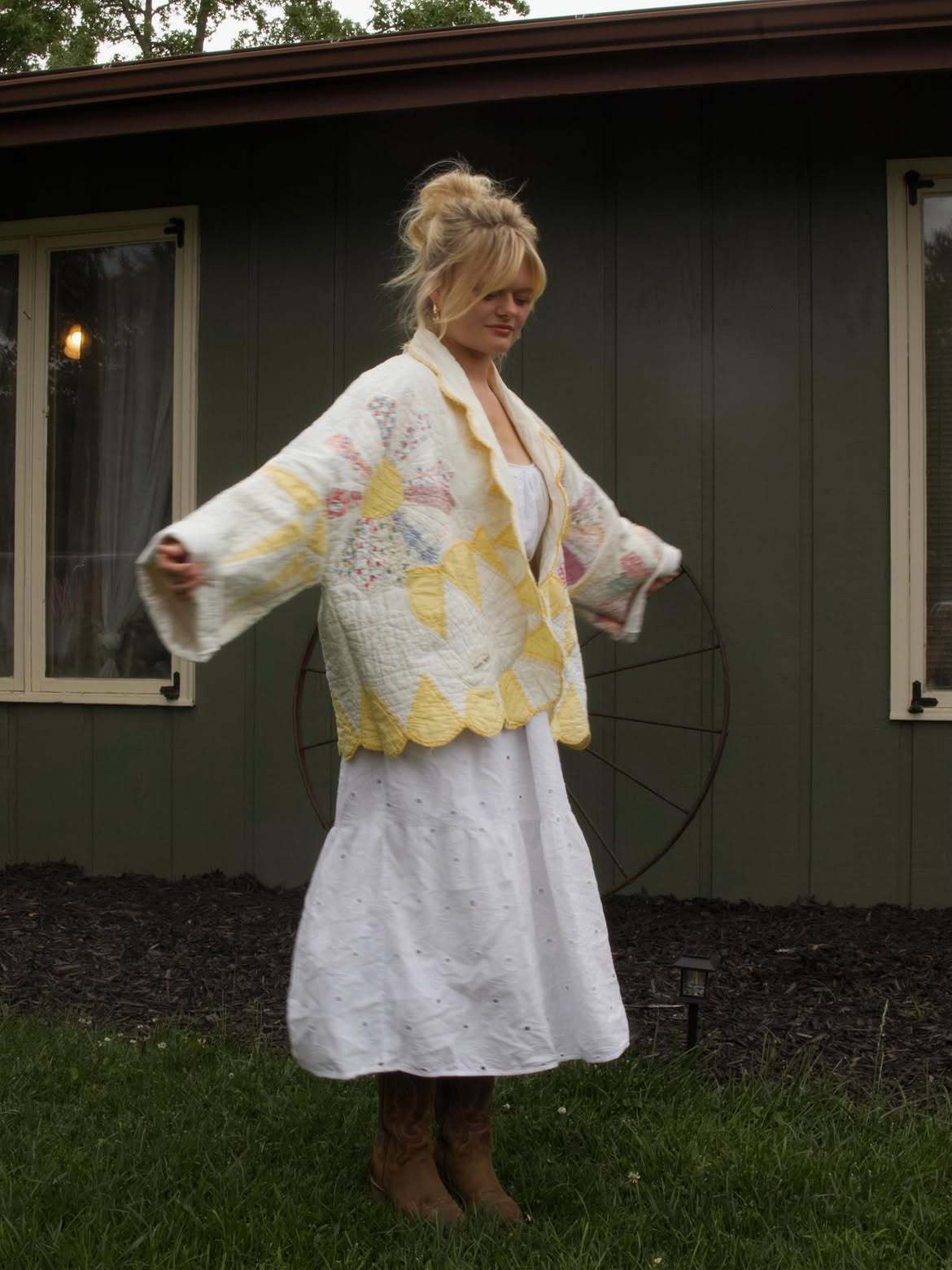 Yellow Scallop Trim Patchwork Quilted Jacket