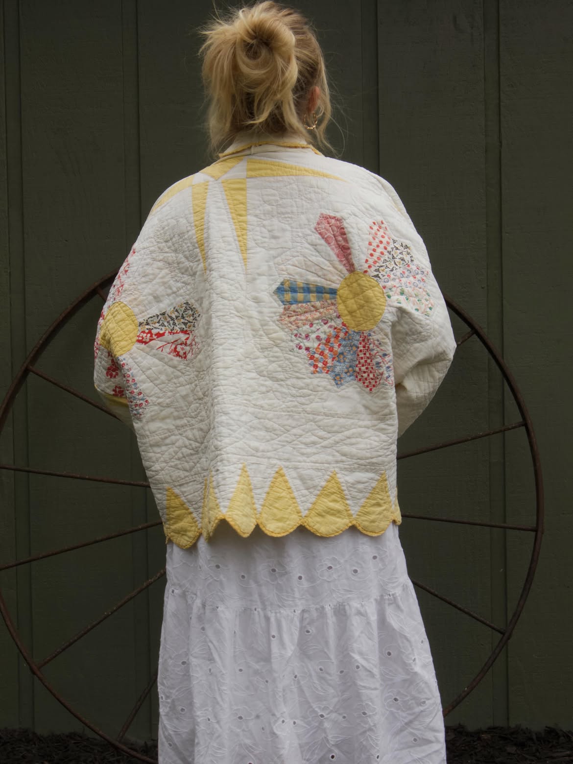 Yellow Scallop Trim Patchwork Quilted Jacket