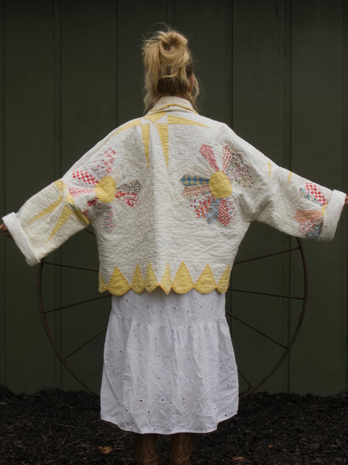 Yellow Scallop Trim Patchwork Quilted Jacket